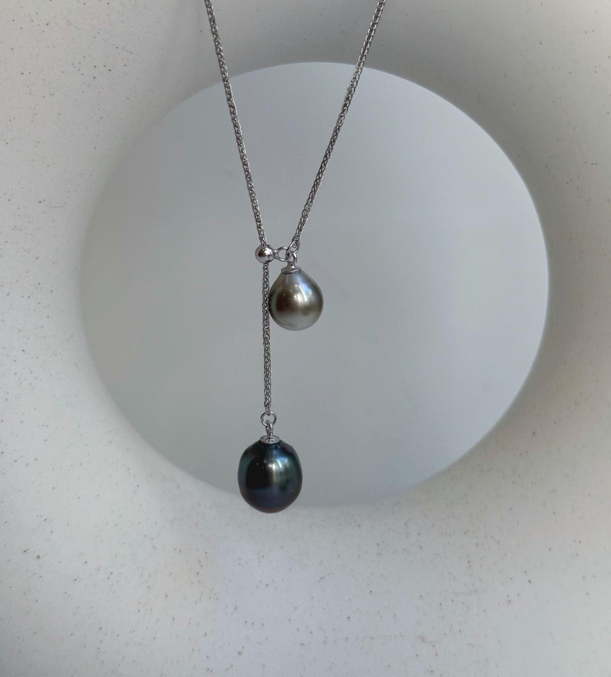 Elly’s Double 8.6-10mm Silver peacock blue Tahitian Pearls pendant chain set: Extreme luster mirrored, S925 silver chain set. gift for her birthday