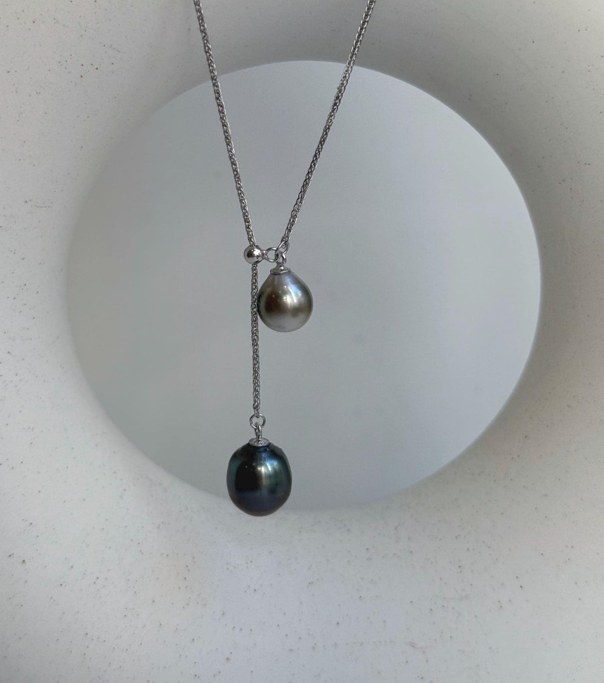 Elly’s Double 8.6-10mm Silver peacock blue Tahitian Pearls pendant chain set: Extreme luster mirrored, S925 silver chain set. gift for her