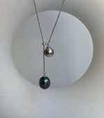 Elly’s Double 8.6-10mm Silver peacock blue Tahitian Pearls pendant chain set: Extreme luster mirrored, S925 silver chain set. gift for her