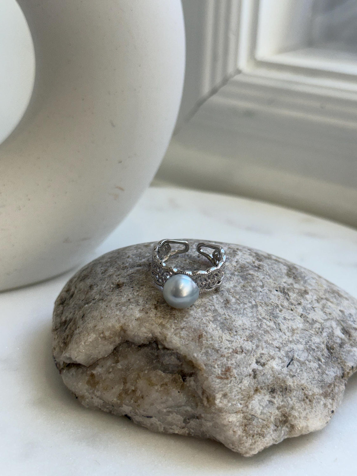 Elly’s 9.1x9.5mm Blue silver Australian Ocean White pearl Ring: Extreme luster mirrored, S925 Silver Adjustable Lace Ring.
