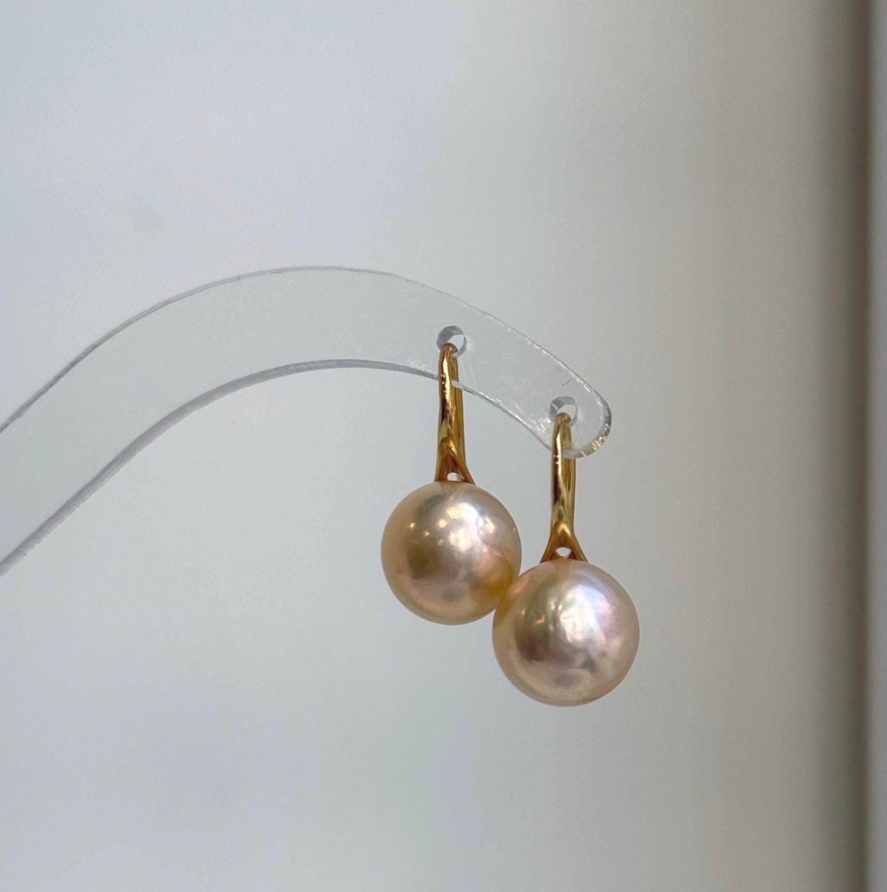 Elly’s 11mm Edison peach gold Pearls High-heel Earrings hooks: Extreme luster Mirrored, 2.2cm high, S925 silver Classic earrings hooks. gift for her