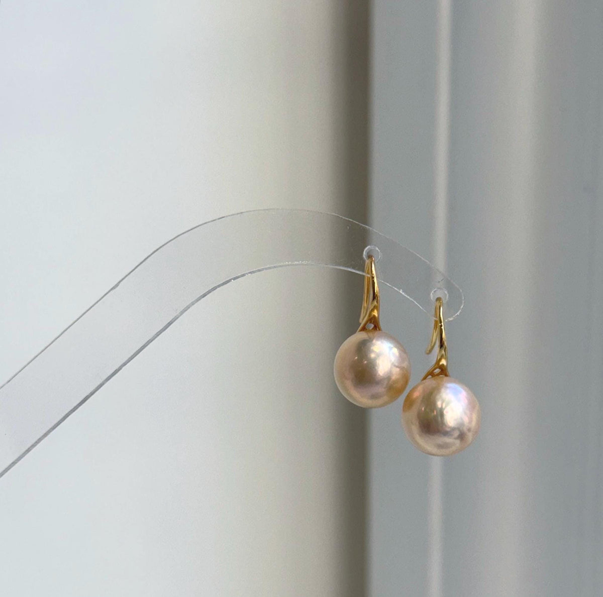 Elly’s 11mm Edison peach gold Pearls High-heel Earrings hooks: Extreme luster Mirrored, 2.2cm high, S925 silver Classic earrings hooks. gift for her