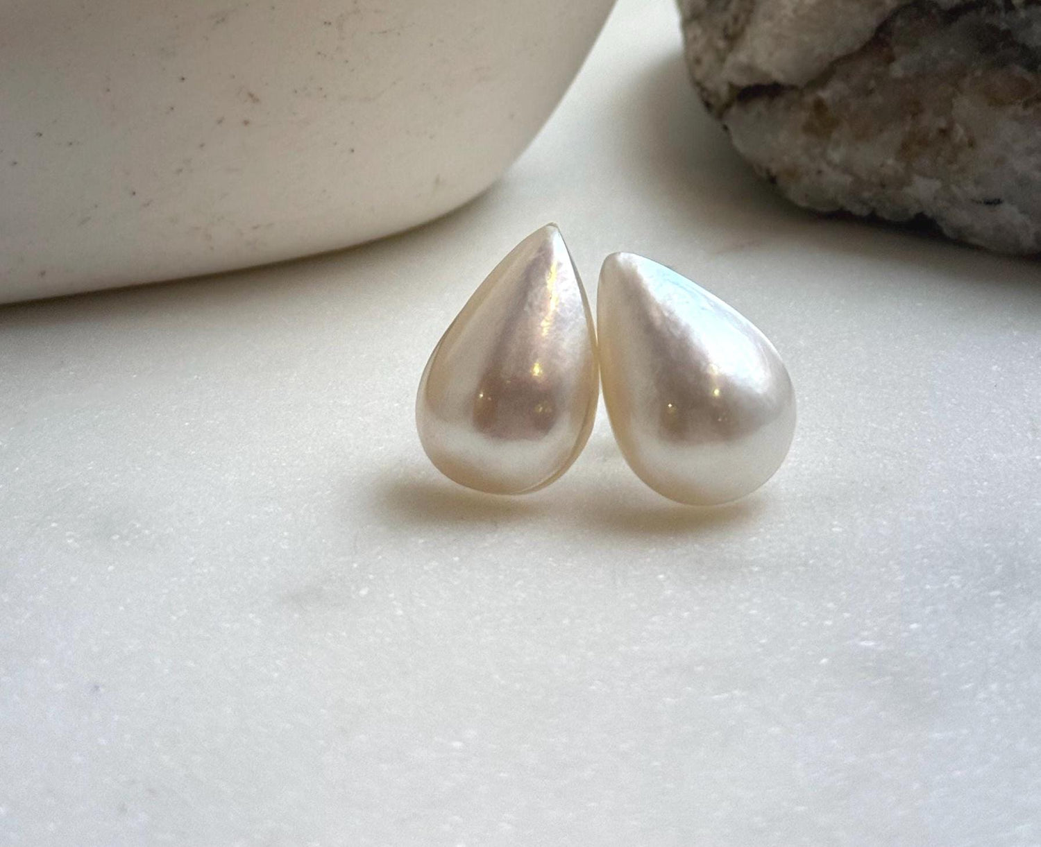 Elly’s 14.2x21.3mm Genius Ivory Ocean Mabe Pearls Earrings Studs: Extreme luster Mirrored, S925 silver minimalist earrings studs. high quality Mabe earrings studs for her