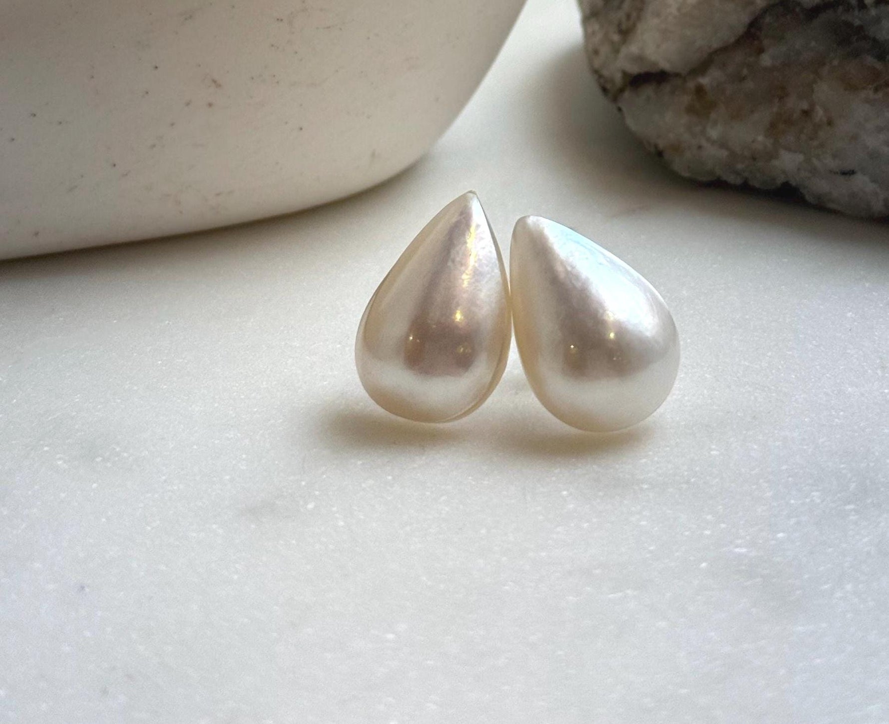Elly’s 14.2x21.3mm Genius Ivory Ocean Mabe Pearls Earrings Studs: Extreme luster Mirrored, S925 silver minimalist earrings studs. high quality Mabe earrings studs for her