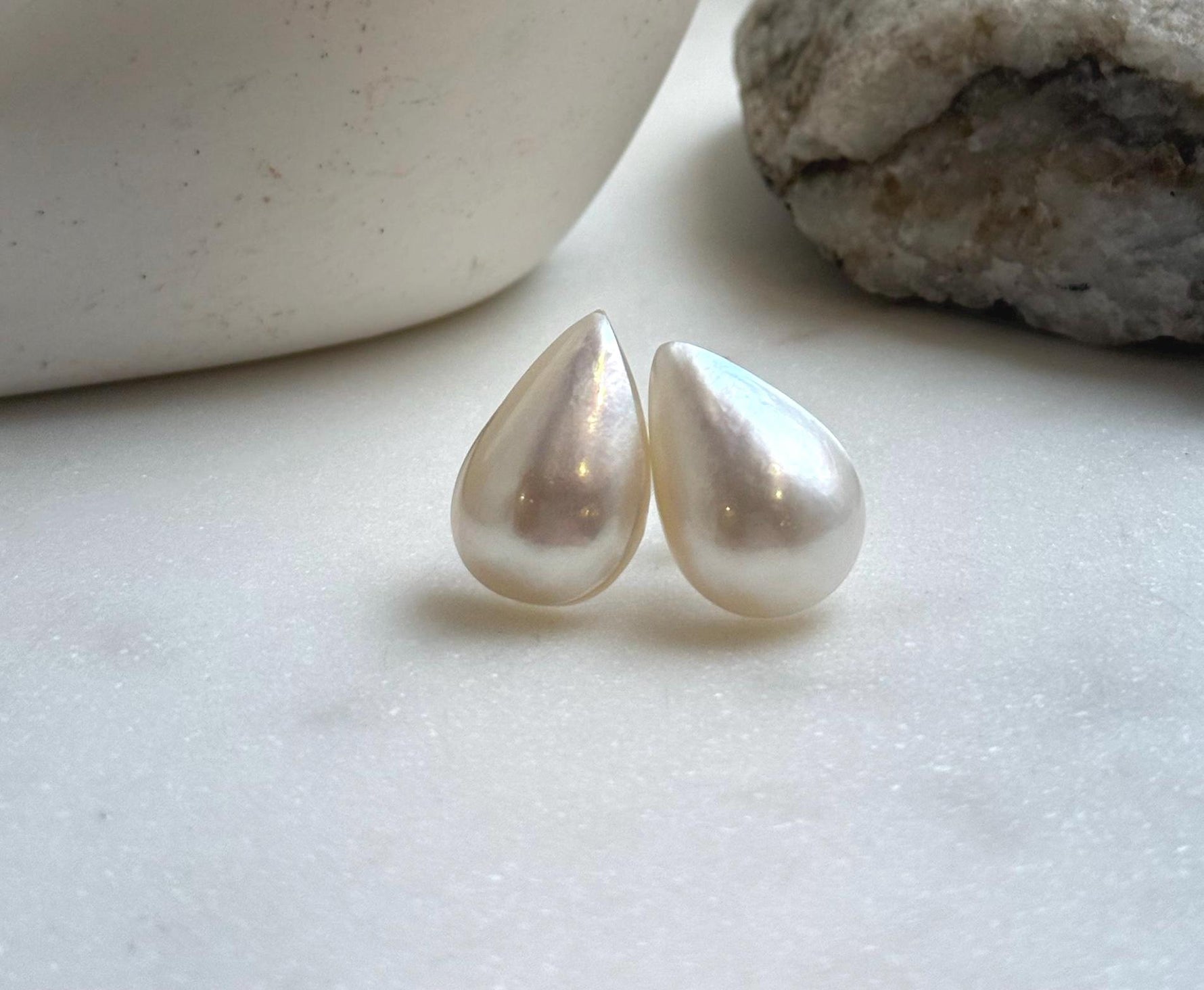 Elly’s 14.2x21.3mm Genius Ivory Ocean Mabe Pearls Earrings Studs: Extreme luster Mirrored, S925 silver minimalist earrings studs. high quality Mabe earrings studs for her