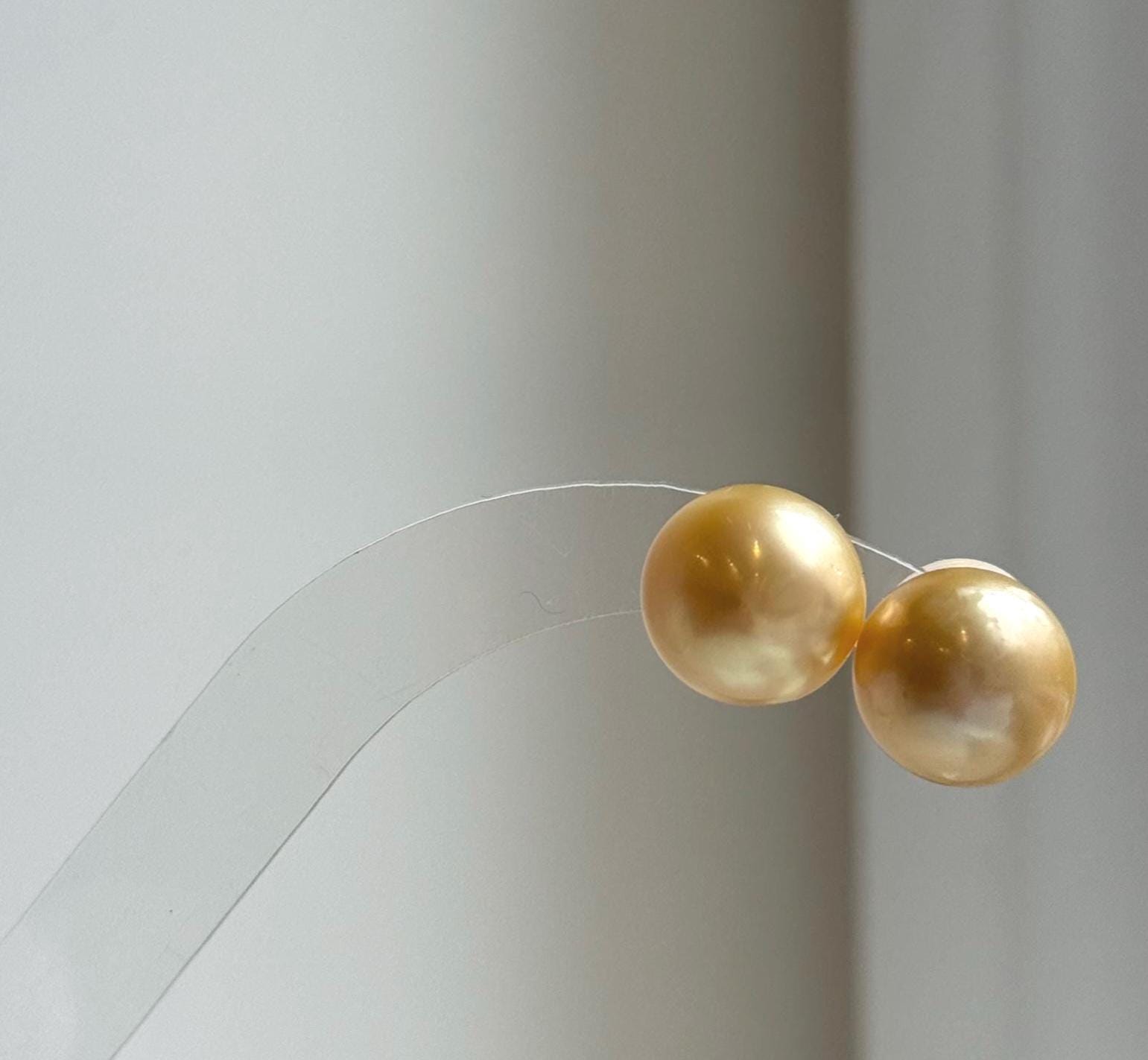 Elly’s 12.4mm Genius natural South sea ultra golden ocean Pearls Earrings studs: Extreme luster, S925 silver minimalist earrings studs. gift for her anniversary