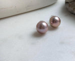 Elly’s 13.3mm Large Edison rose Pearls Earrings Studs: Extreme luster Mirrored, S925 silver minimalist earrings studs.
