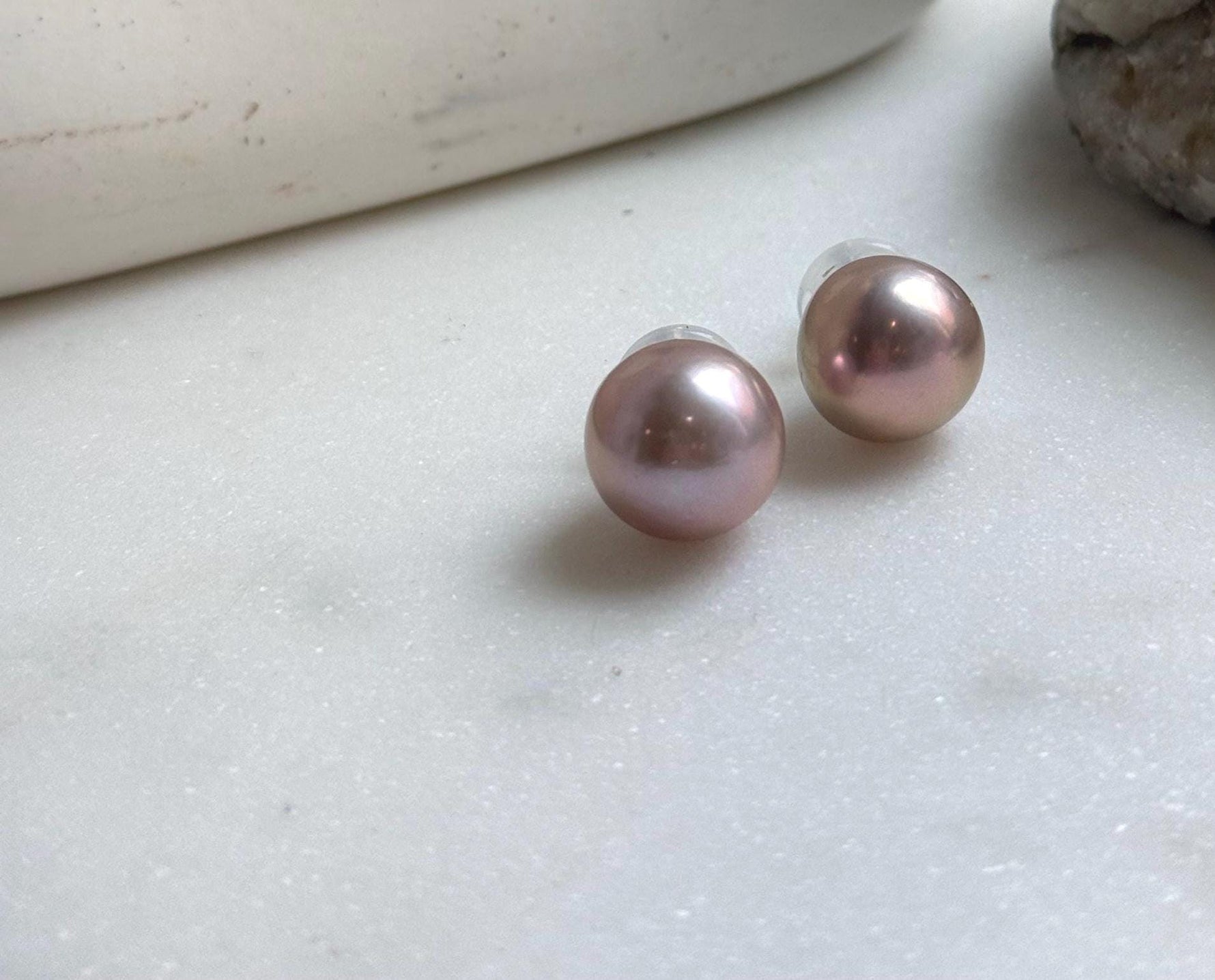 Elly’s 13.3mm Large Edison rose Pearls Earrings Studs: Extreme luster Mirrored, S925 silver minimalist earrings studs.