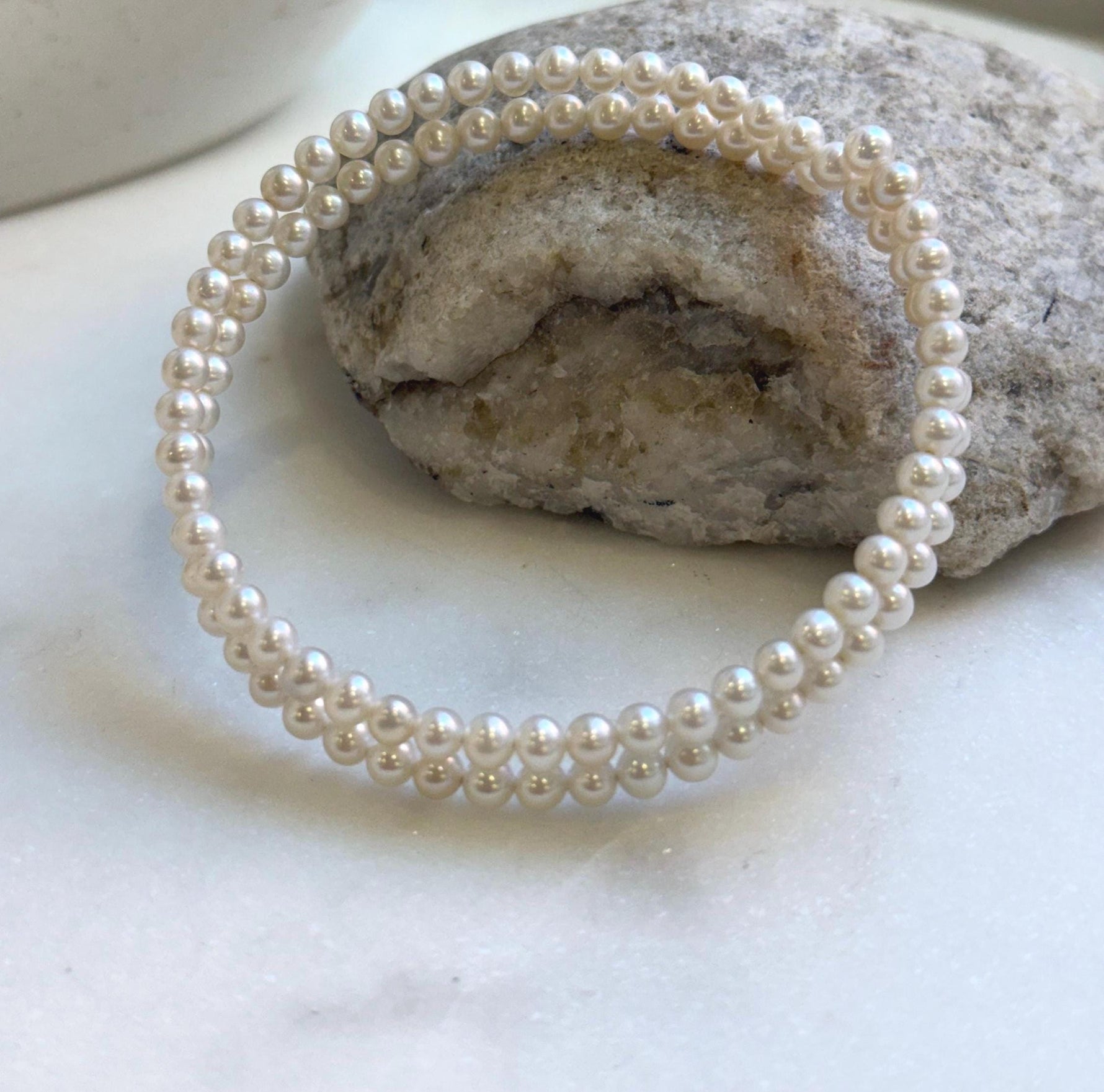 Hui Elly’s Double layers adjustable Bracelet 4.2-4.4mm white small pearls:   extremely luster mirrored, 6.5cm dia. gift for her daily office bracelet