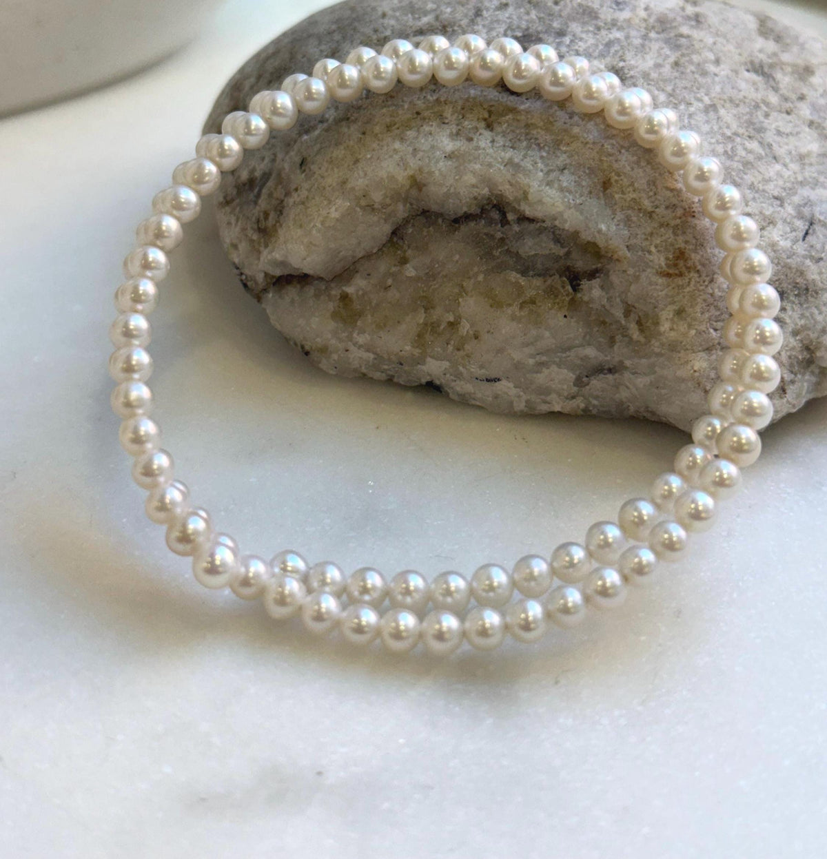 Hui Elly’s Double layers adjustable Bracelet 4.2-4.4mm white small pearls:   extremely luster mirrored, 6.5cm dia. gift for her daily office bracelet
