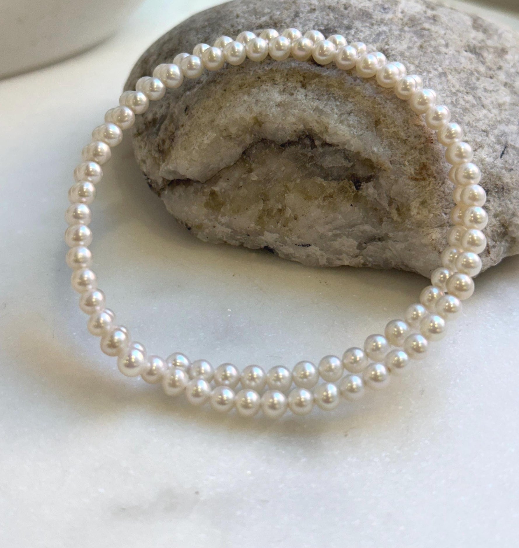 Hui Elly’s Double layers adjustable Bracelet 4.2-4.4mm white small pearls:   extremely luster mirrored, 6.5cm dia. gift for her daily office bracelet