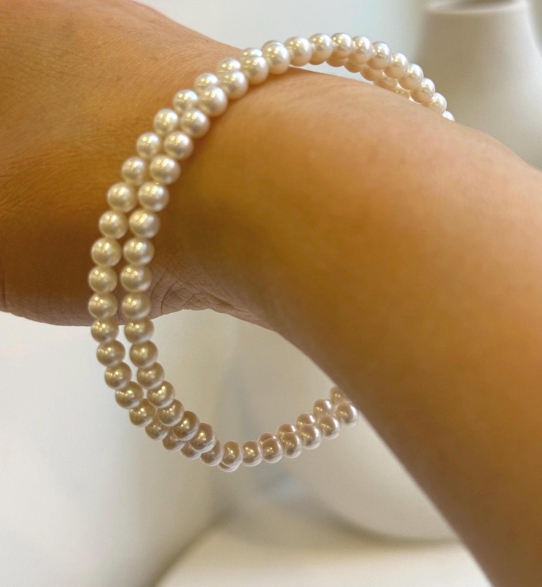Hui Elly’s Double layers adjustable Bracelet 4.2-4.4mm white small pearls:   extremely luster mirrored, 6.5cm dia. gift for her daily office bracelet