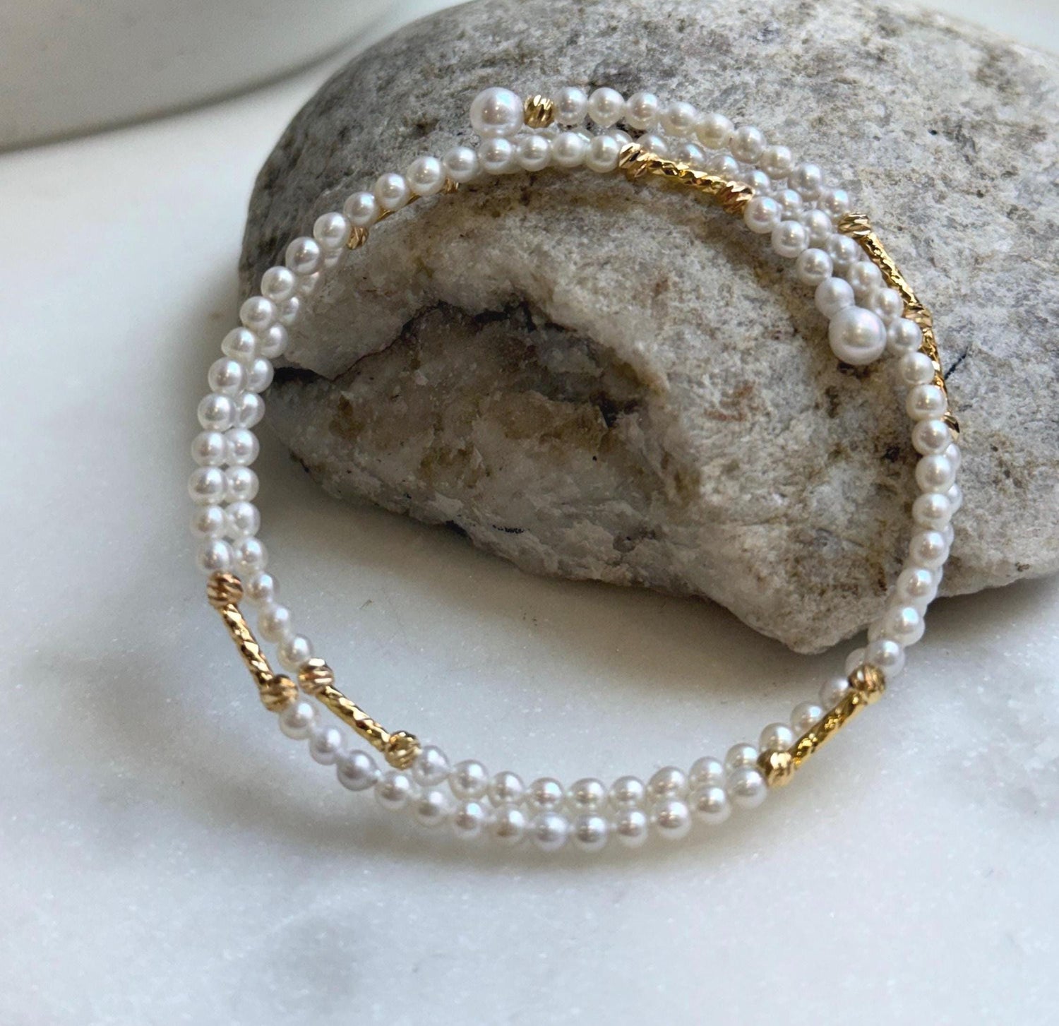 Elly’s Double layers Bracelet 3.1-3.5mm white small pearls:   extremely luster mirrored, 5.5cm dia. gift for her