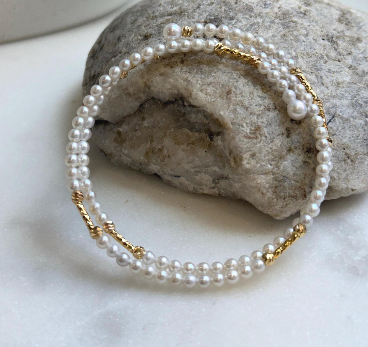Elly’s Double layers Bracelet 3.1-3.5mm white small pearls:   extremely luster mirrored, 5.5cm dia. gift for her daily office bracelet