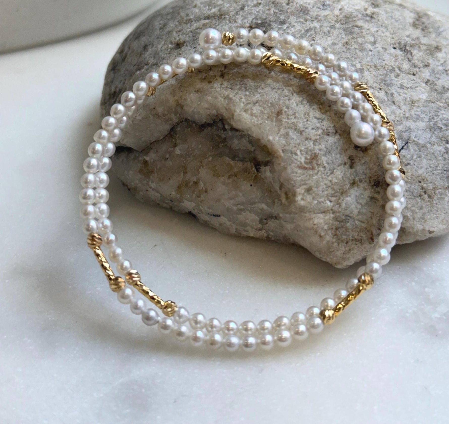 Elly’s Double layers Bracelet 3.1-3.5mm white small pearls:   extremely luster mirrored, 5.5cm dia. gift for her daily office bracelet
