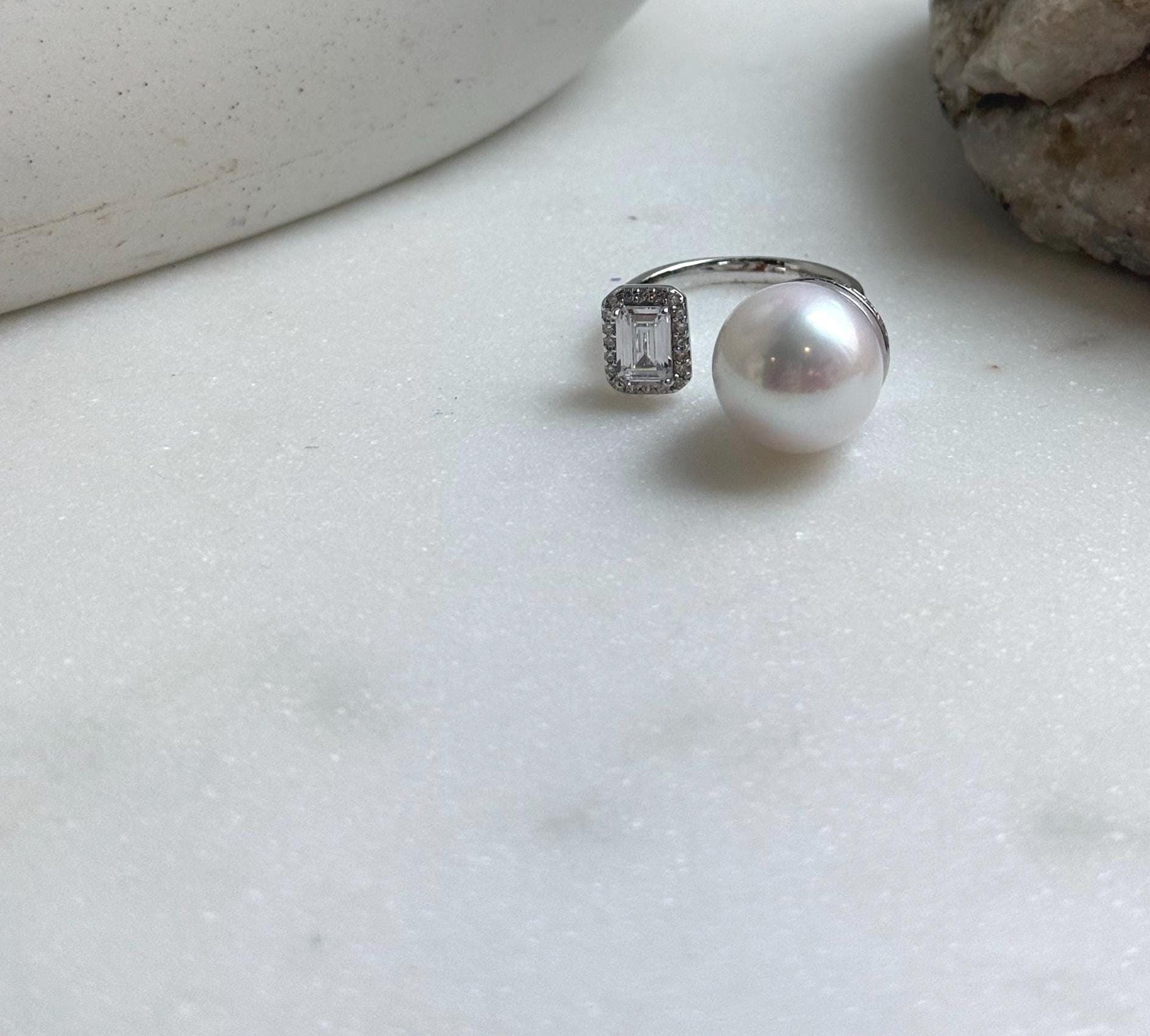 Elly’s 12.3mm 5A White Edison pearl ring: Extreme luster mirrored, S925 silver adjustable ring. high quality daily office white pearl ring gift for her anniversary