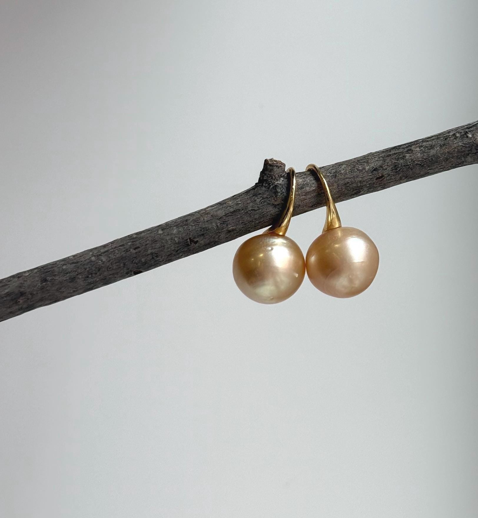 Elly’s 11.9mm Genius South sea golden ocean Pearls High-heel Earrings hooks: Extreme luster, 2.2cm high, S925 silver cool earrings.