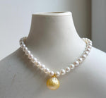 Elly’s Set 10.8mmSouth sea carved golden ocean Freshwater white pearls necklace:Extreme luster, 7.5”, S925 silver bracelet.