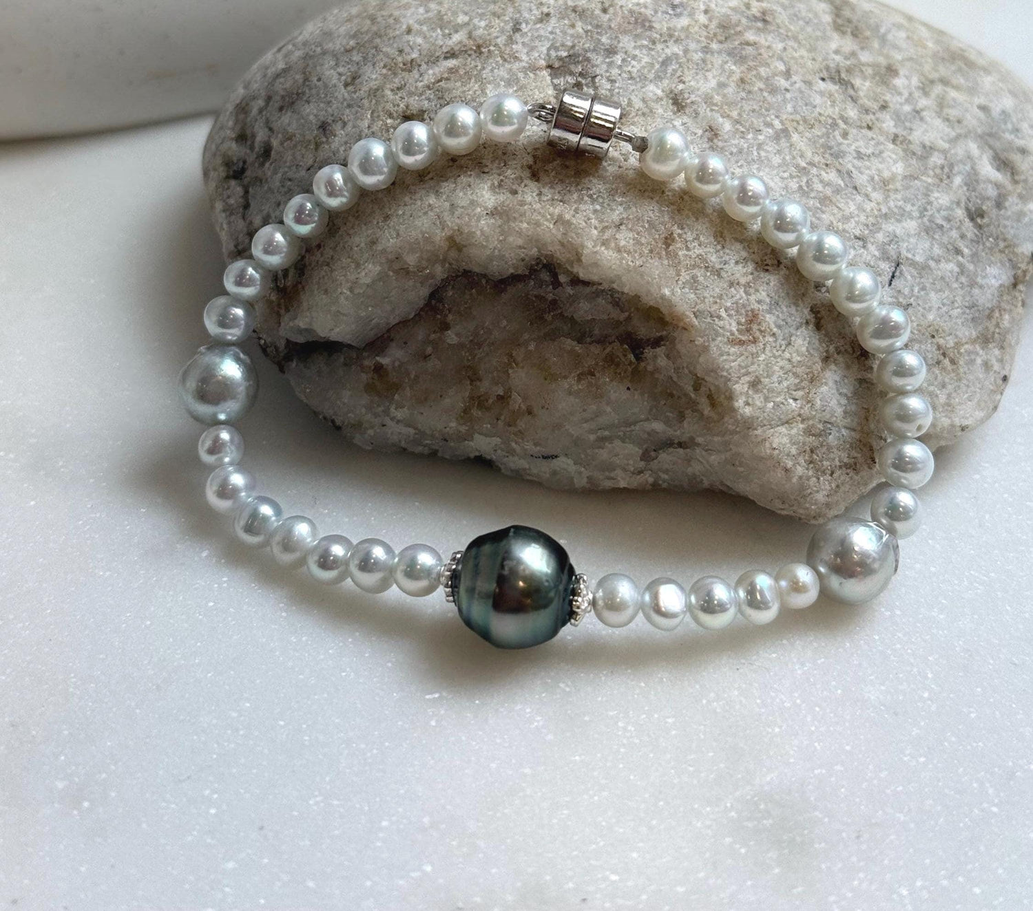 Elly’s Set 11.2mm Tahitian ocean Freshwater white pearls bracelet:Extreme luster mirrored, 7.3”, S925 silver bracelet. gift for her