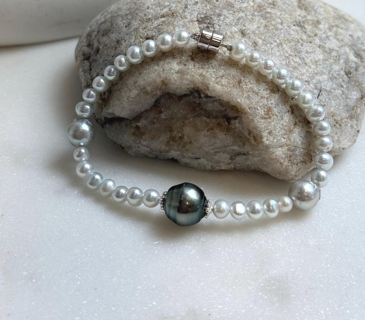 Elly’s Set 11.2mm Tahitian ocean Freshwater white pearls bracelet:Extreme luster mirrored, 7.3”, S925 silver bracelet. gift for her holiday