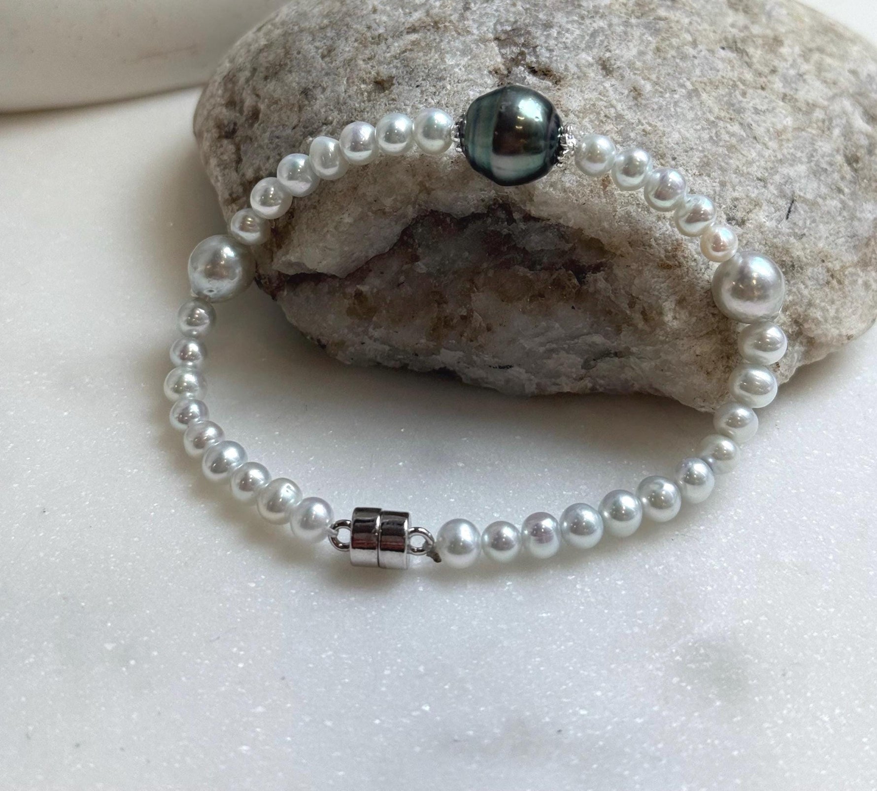 Elly’s Set 11.2mm Tahitian ocean Freshwater white pearls bracelet:Extreme luster mirrored, 7.3”, S925 silver bracelet. gift for her