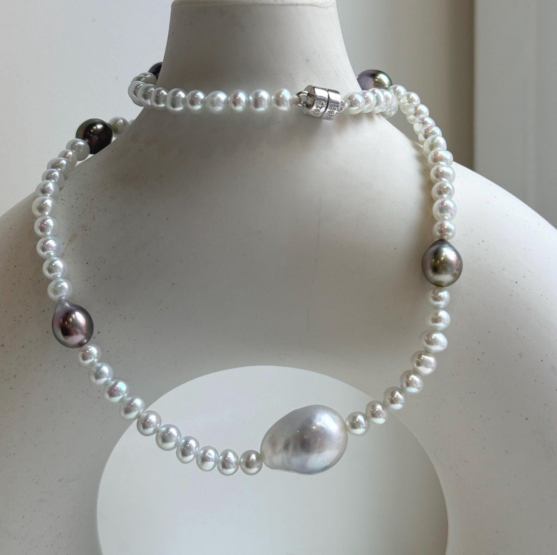 Elly’s Australian white Tahitian ocean pearls necklace: Extreme luster mirrored, to 12.5mm, s925 silver necklace.