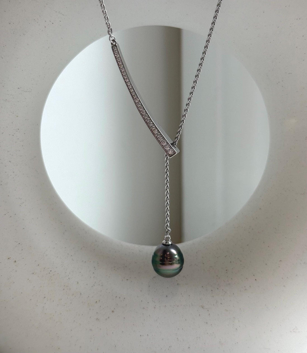 Elly’s 10.2mm Genius Tahitian peacock green ocean pearl Pendant: Extreme luster mirrored, to 20”, s925 silver minimalist pendant chain set.