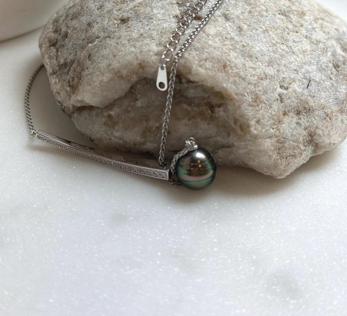 Elly’s 10.2mm Genius Tahitian peacock green ocean pearl Pendant: Extreme luster mirrored, to 20”, s925 silver minimalist pendant chain set.
