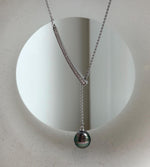 Elly’s 10.2mm Genius Tahitian peacock green ocean pearl Pendant: Extreme luster mirrored, to 20”, s925 silver minimalist pendant chain set.