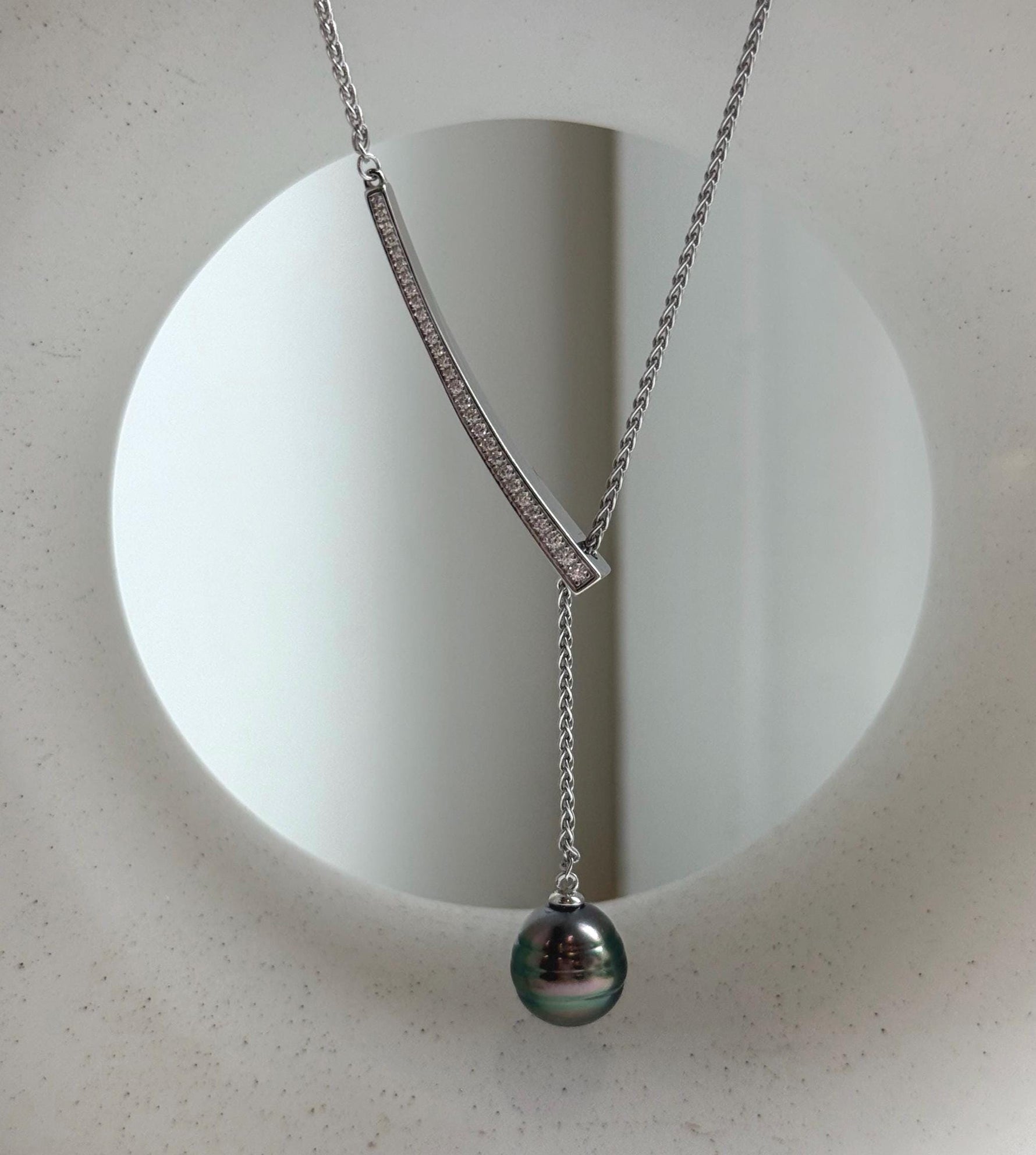 Elly’s 10.2mm Genius Tahitian peacock green ocean pearl Pendant: Extreme luster mirrored, to 20”, s925 silver minimalist pendant chain set.