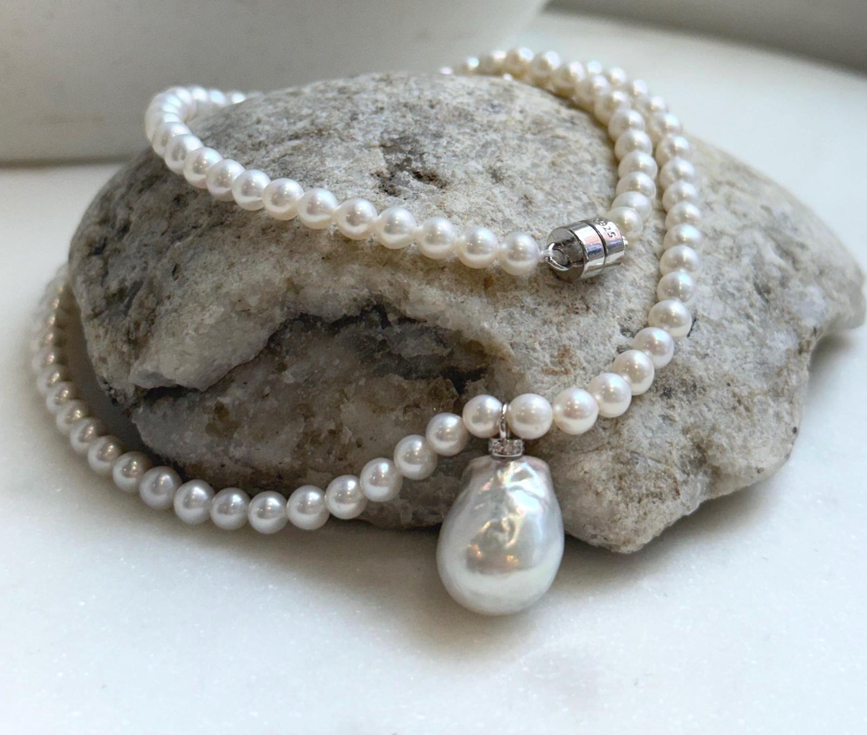 Elly’s Australian white Tahitian ocean Freshwater white pearls necklace: Extreme luster mirrored, 17.9”, s925 silver necklace. high quality pearls necklace strand.