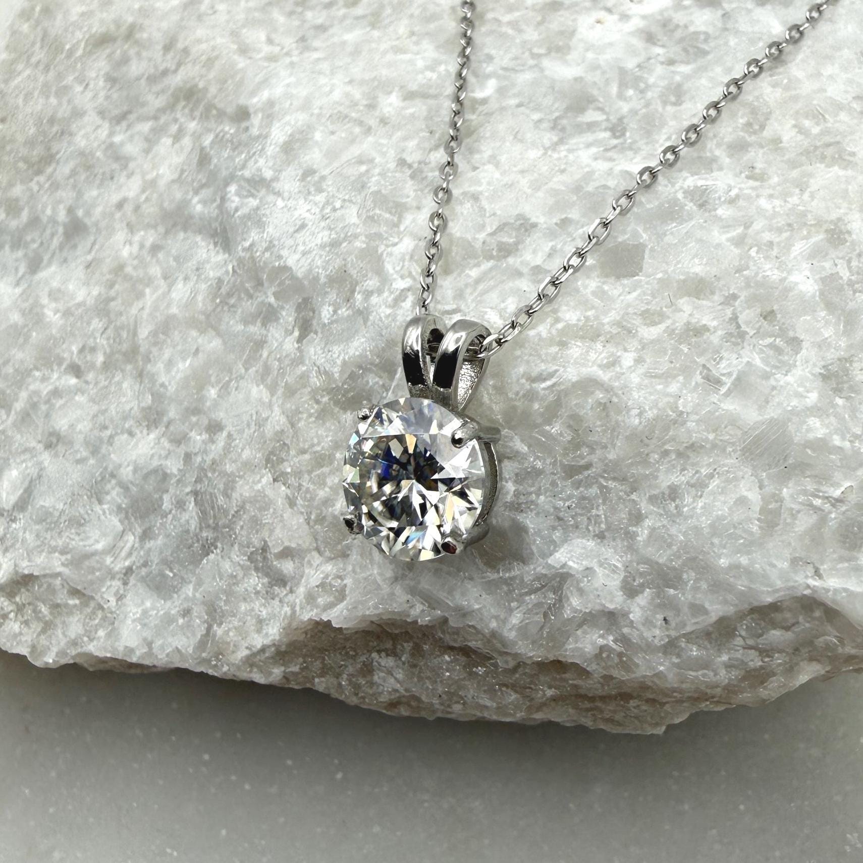 D/VVS1 Flawless Moissanite Pendant | 2ct/8mm Round Brilliant Cut Dainty Necklace | Solid S925 Silver Jewelry