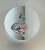Elly’s Peach Rose iridescent Freshwater baroque Pearl Swan Brooch pendant 2in1: Extreme luster mirrored, to 23.8mm, 3.5x4.5cm, gift for her daily office brooch
