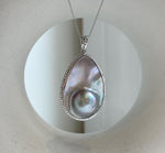 Elly’s 24.1x36mm silver blue iridescent Ocean Drop Mabe Pearl Pendant: Extreme luster mirrored, S925 Silver base pendant Set. daily office ocean Mabe Pearl high quality pendant