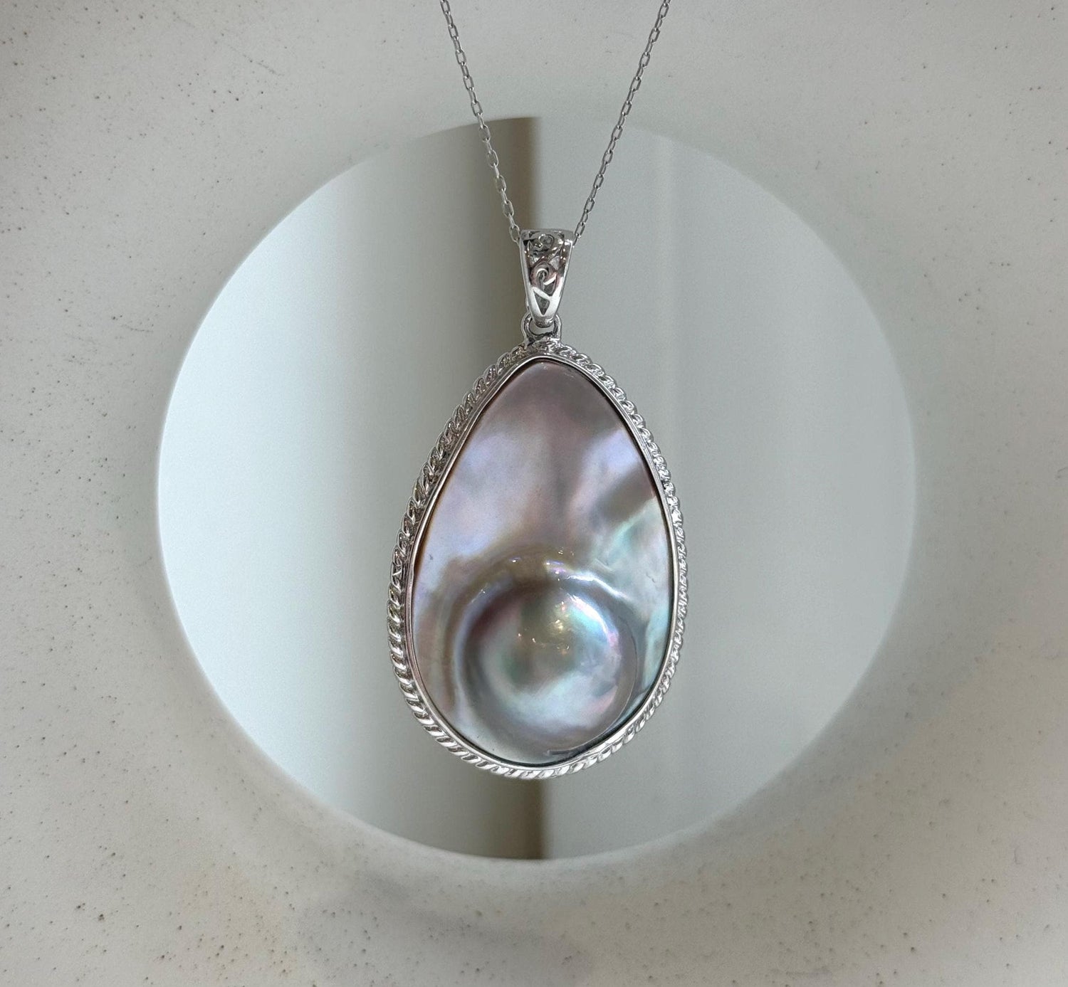 Elly’s 24.1x36mm silver blue iridescent Ocean Drop Mabe Pearl Pendant: Extreme luster mirrored, S925 Silver base pendant Set. daily office ocean Mabe Pearl high quality pendant