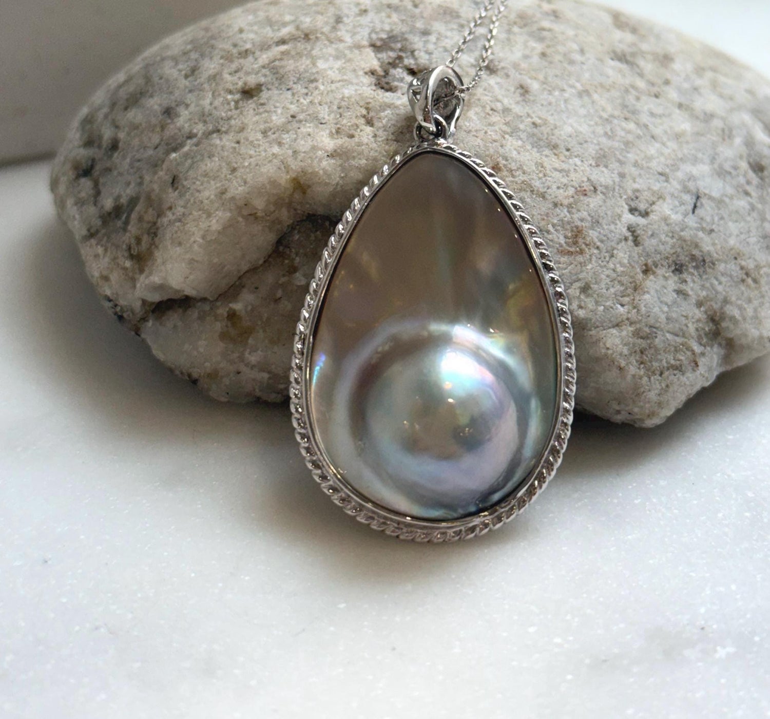 Elly’s 24.1x36mm silver blue iridescent Ocean Drop Mabe Pearl Pendant: Extreme luster mirrored, S925 Silver base pendant Set. daily office ocean Mabe Pearl high quality pendant