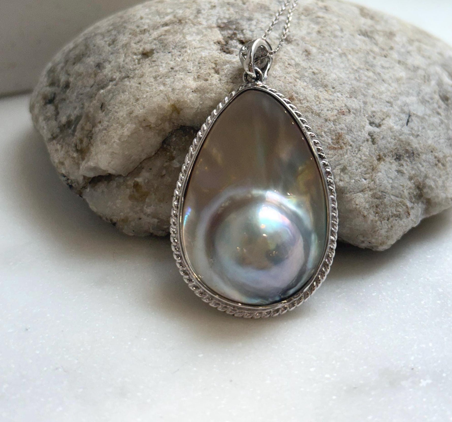 Elly’s 24.1x36mm silver blue iridescent Ocean Drop Mabe Pearl Pendant: Extreme luster mirrored, S925 Silver base pendant Set. daily office ocean Mabe Pearl high quality pendant