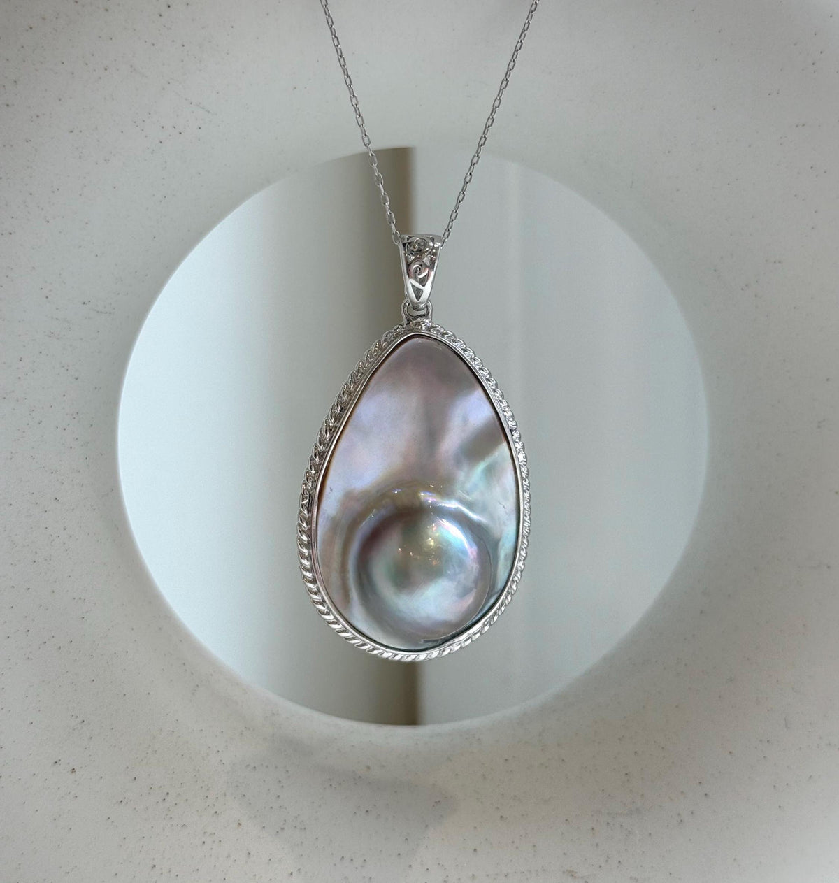Elly’s 24.1x36mm silver blue iridescent Ocean Drop Mabe Pearl Pendant: Extreme luster mirrored, S925 Silver base pendant Set. daily office ocean Mabe Pearl high quality pendant