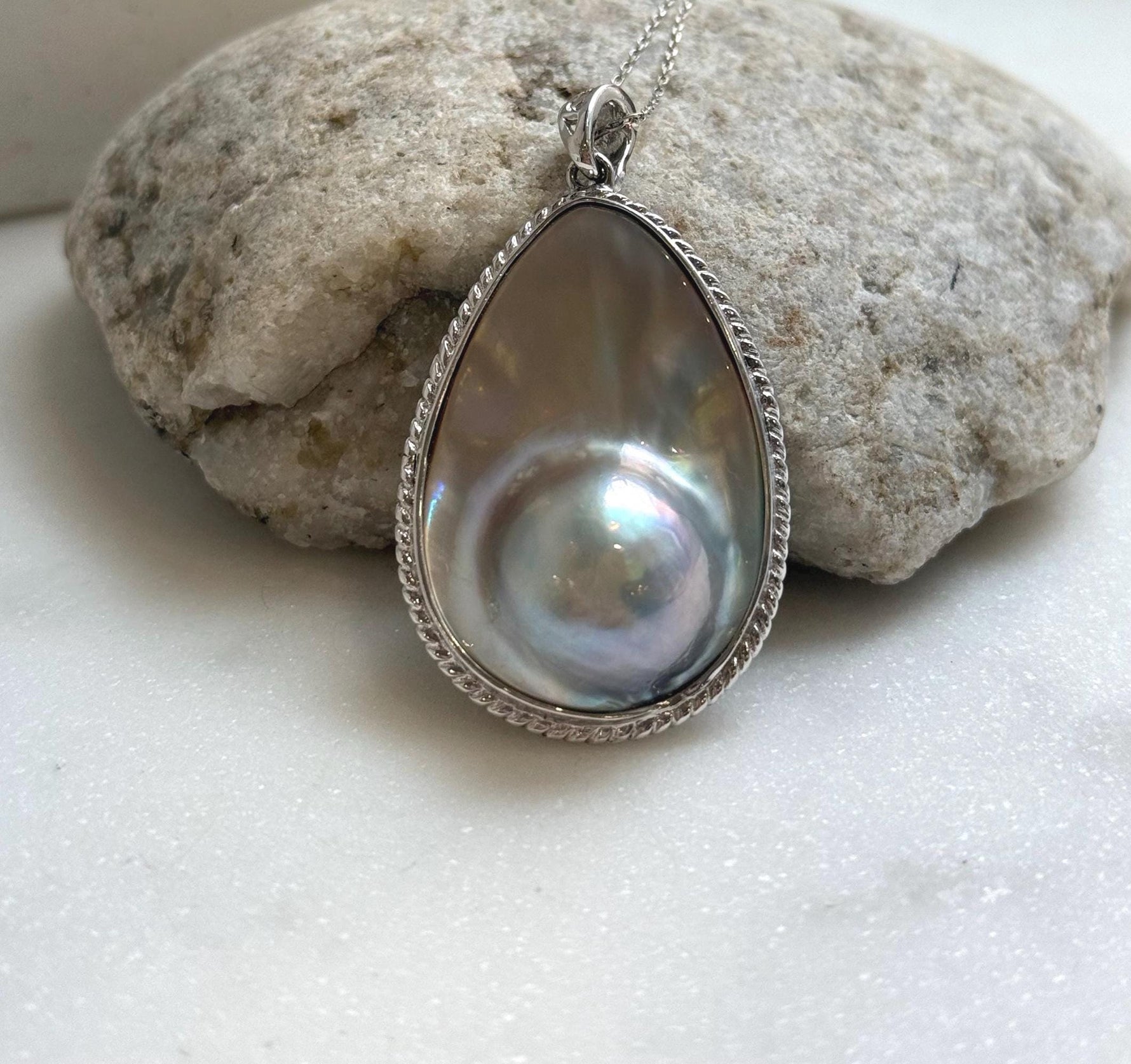 Elly’s 24.1x36mm silver blue iridescent Ocean Drop Mabe Pearl Pendant: Extreme luster mirrored, S925 Silver base pendant Set. daily office ocean Mabe Pearl high quality pendant
