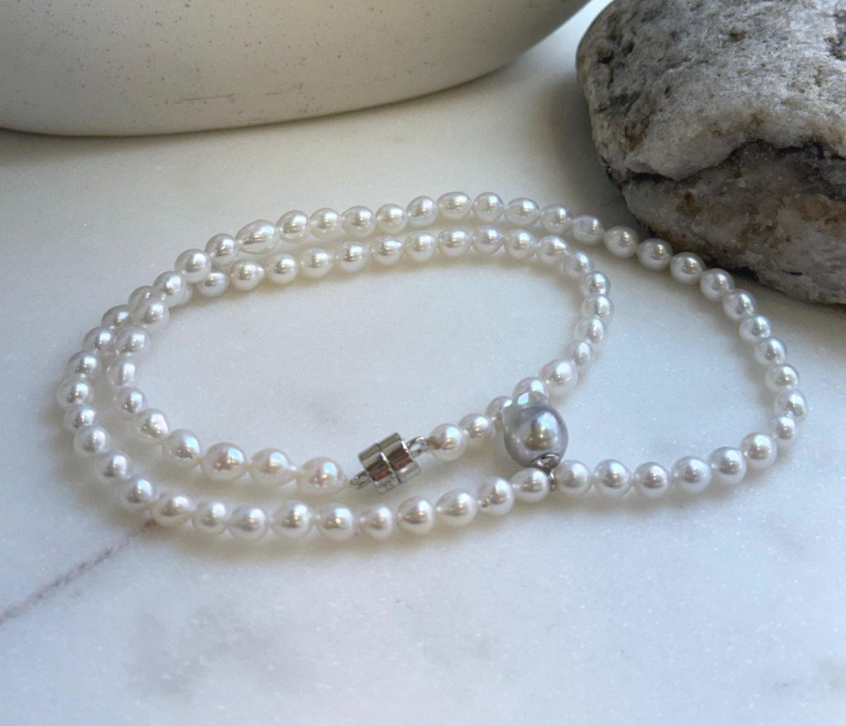 Elly’s Blue silver Akoya ocean Freshwater white pearls necklace: Extreme luster mirrored, 17.4”, s925 silver necklace. gift for her daily office pearl necklace strand