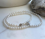 Elly’s Blue silver Akoya ocean Freshwater white pearls necklace: Extreme luster mirrored, 17.4”, s925 silver necklace. gift for her daily office pearl necklace strand