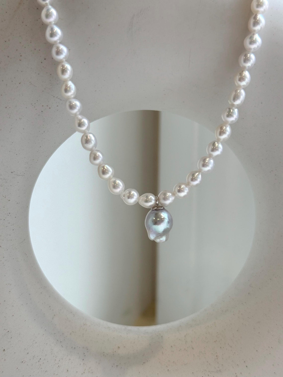 Elly’s Blue silver Akoya ocean Freshwater white pearls necklace: Extreme luster mirrored, 17.4”, s925 silver necklace. gift for her daily office pearl necklace strand