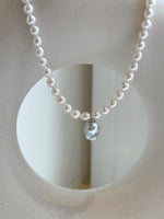 Elly’s Blue silver Akoya ocean Freshwater white pearls necklace: Extreme luster mirrored, 17.4”, s925 silver necklace. gift for her daily office pearl necklace strand