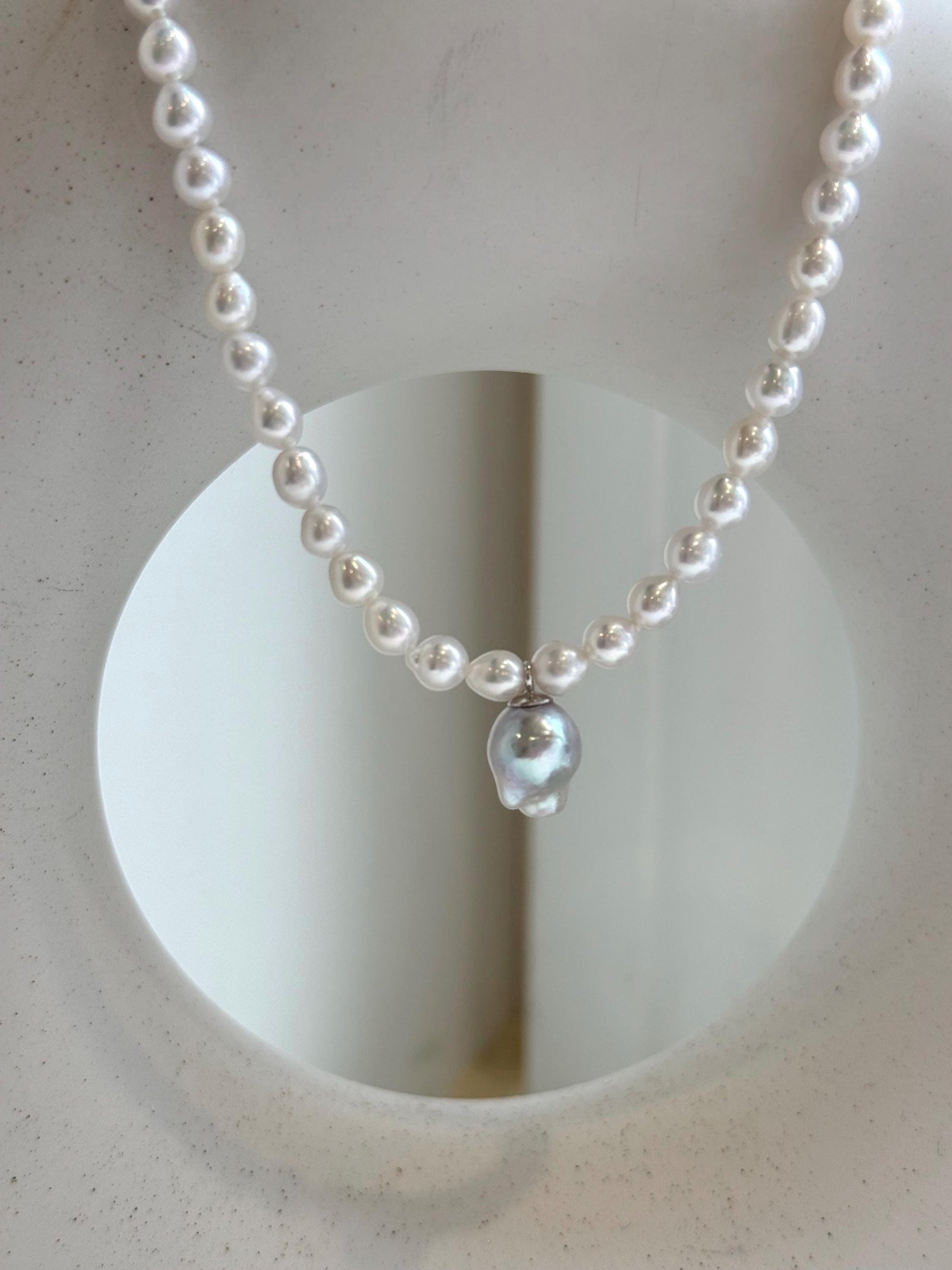 Elly’s Blue silver Akoya ocean Freshwater white pearls necklace: Extreme luster mirrored, 17.4”, s925 silver necklace. gift for her daily office pearl necklace strand
