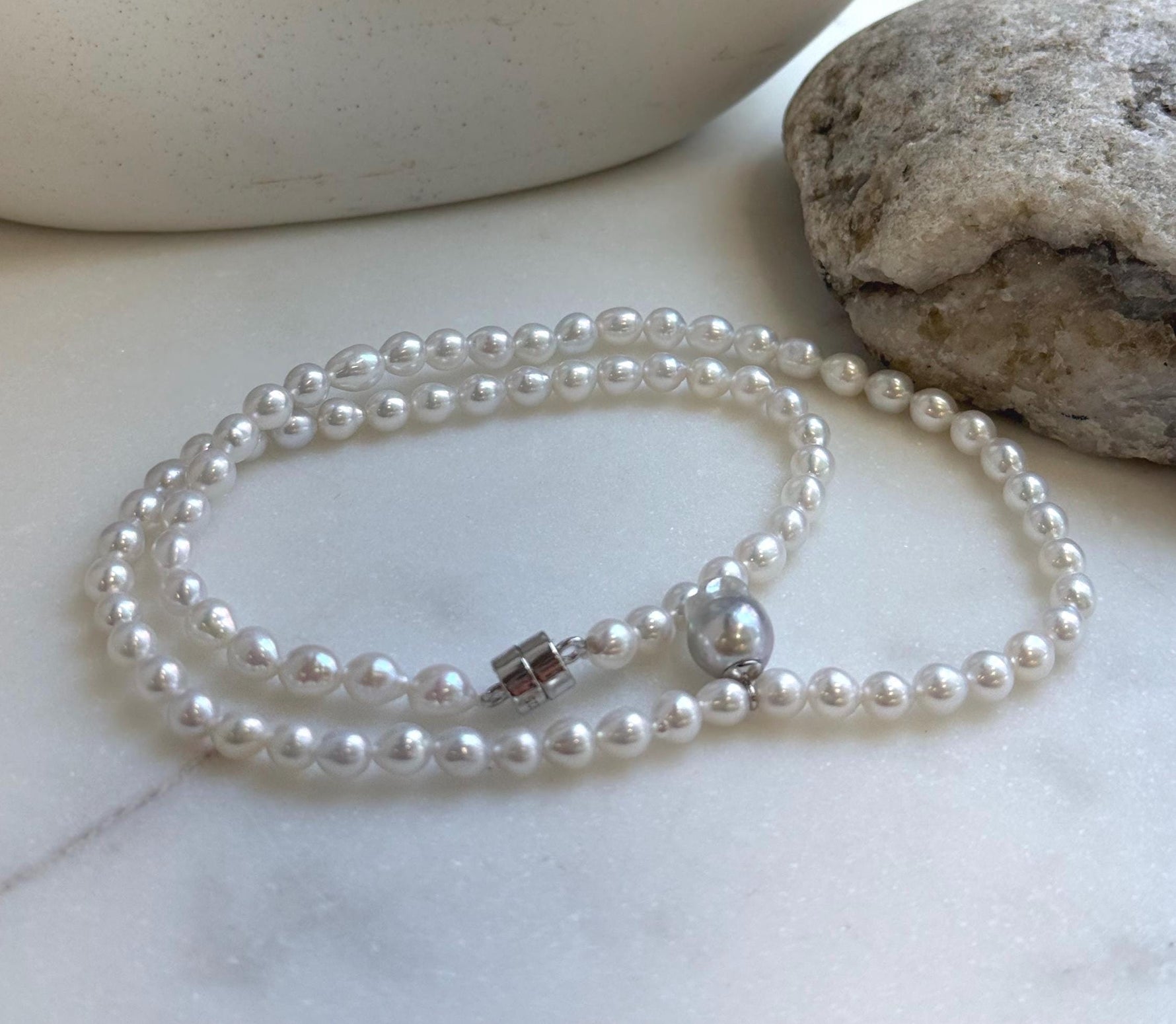 Elly’s Blue silver Akoya ocean Freshwater white pearls necklace: Extreme luster mirrored, 17.4”, s925 silver necklace. gift for her daily office pearl necklace strand