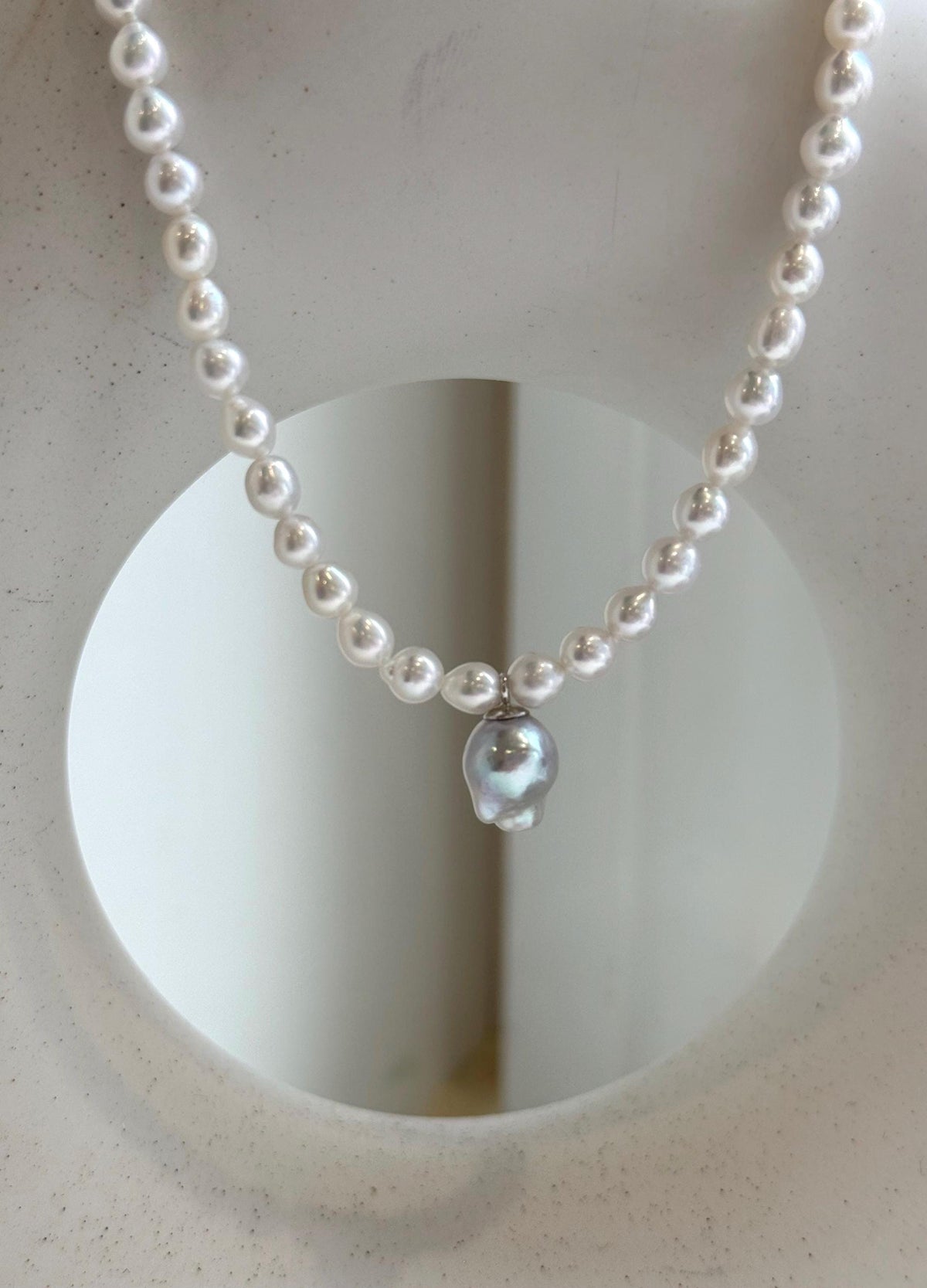 Elly’s Blue silver Akoya ocean Freshwater white pearls necklace: Extreme luster mirrored, 17.4”, s925 silver necklace. gift for her daily office pearl necklace strand