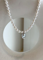 Elly’s Blue silver Akoya ocean Freshwater white pearls necklace: Extreme luster mirrored, 17.4”, s925 silver necklace. gift for her daily office pearl necklace strand