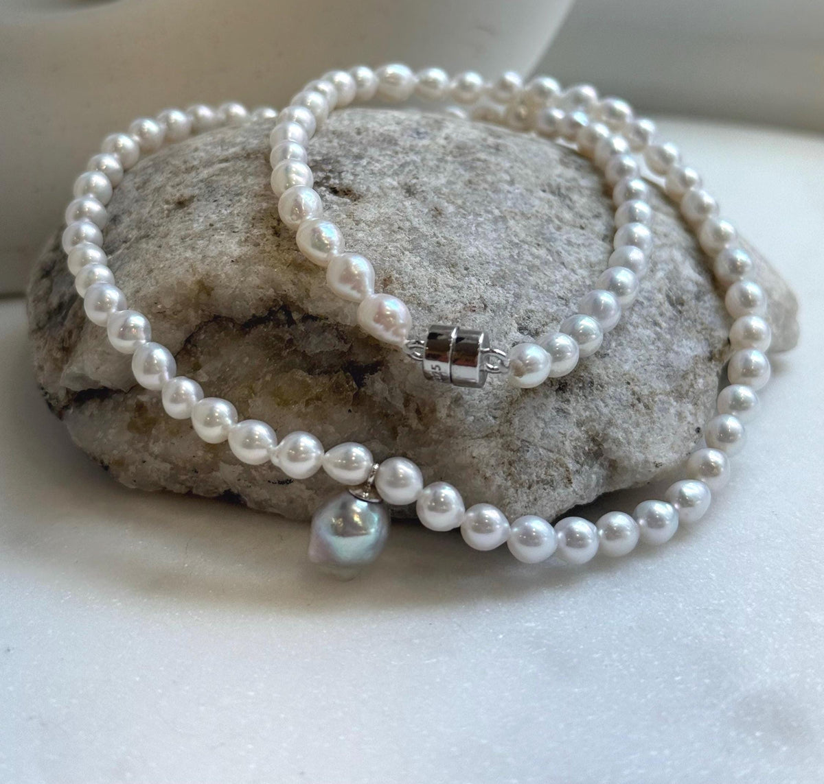 Elly’s Blue silver Akoya ocean Freshwater white pearls necklace: Extreme luster mirrored, 17.4”, s925 silver necklace. gift for her daily office pearl necklace strand