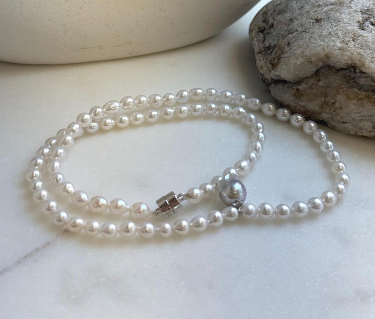 Elly’s Blue silver Akoya ocean Freshwater white pearls necklace: Extreme luster mirrored, 17.4”, s925 silver necklace. gift for her daily office pearl necklace strand