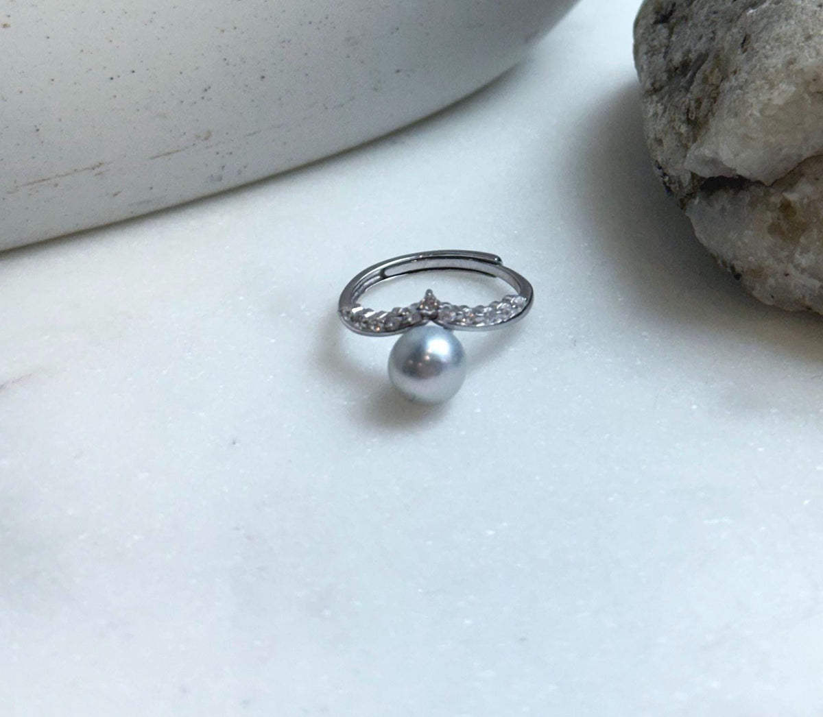 Elly’s 7mm Akoya blue silver ocean pearl Ring: Extreme luster mirrored, s925 silver adjustable ring. Pearl Jewelry Idea. high quality daily office pearl ring